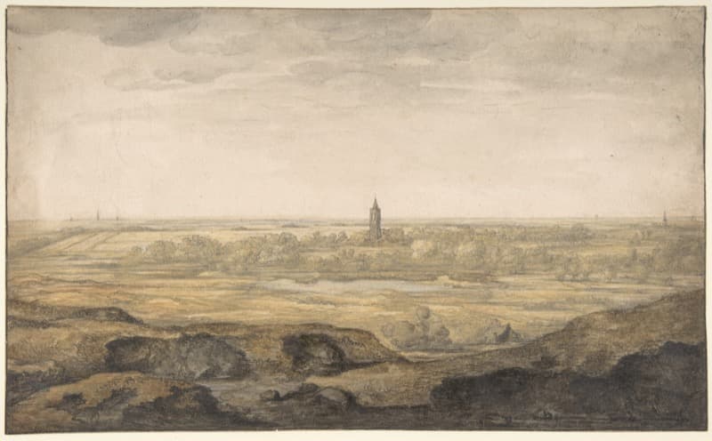 View of a Fortified Town on a Hill by a River with Cattle and Figures by Aelbert Cuyp