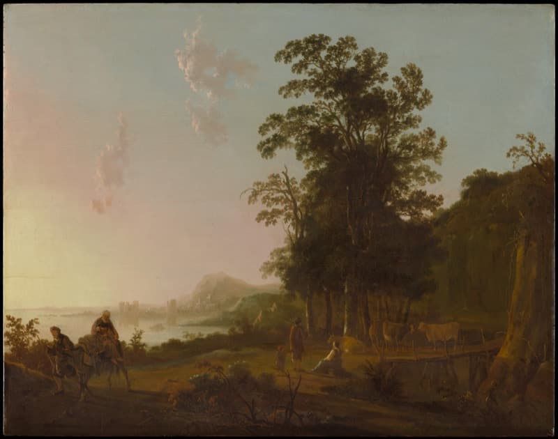River Landscape at Dusk with Travelers and Cattle by a Bridge by Aelbert Cuyp