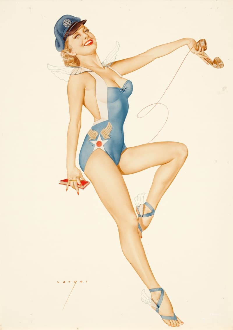 Pin-up Beauty in White Lingerie on Bright Background by Alberto Vargas